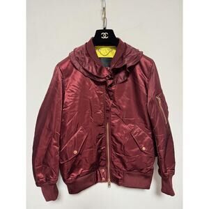 Diesel Jacket Womens XS Burgundy Bomber Satin Ruffle Lined Utility Pockets